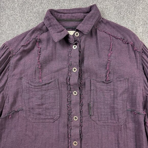 We the Free People Venice Oversized Linen Button Down Shirt Top Sz XS Burgundy - Picture 2 of 11